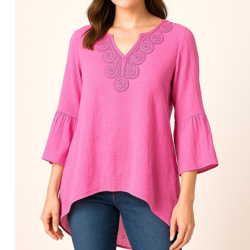 06 Zac & Rachel Womens Pink Crochet  Blouse‎ XL 3/4 Sleeve High Low Hem